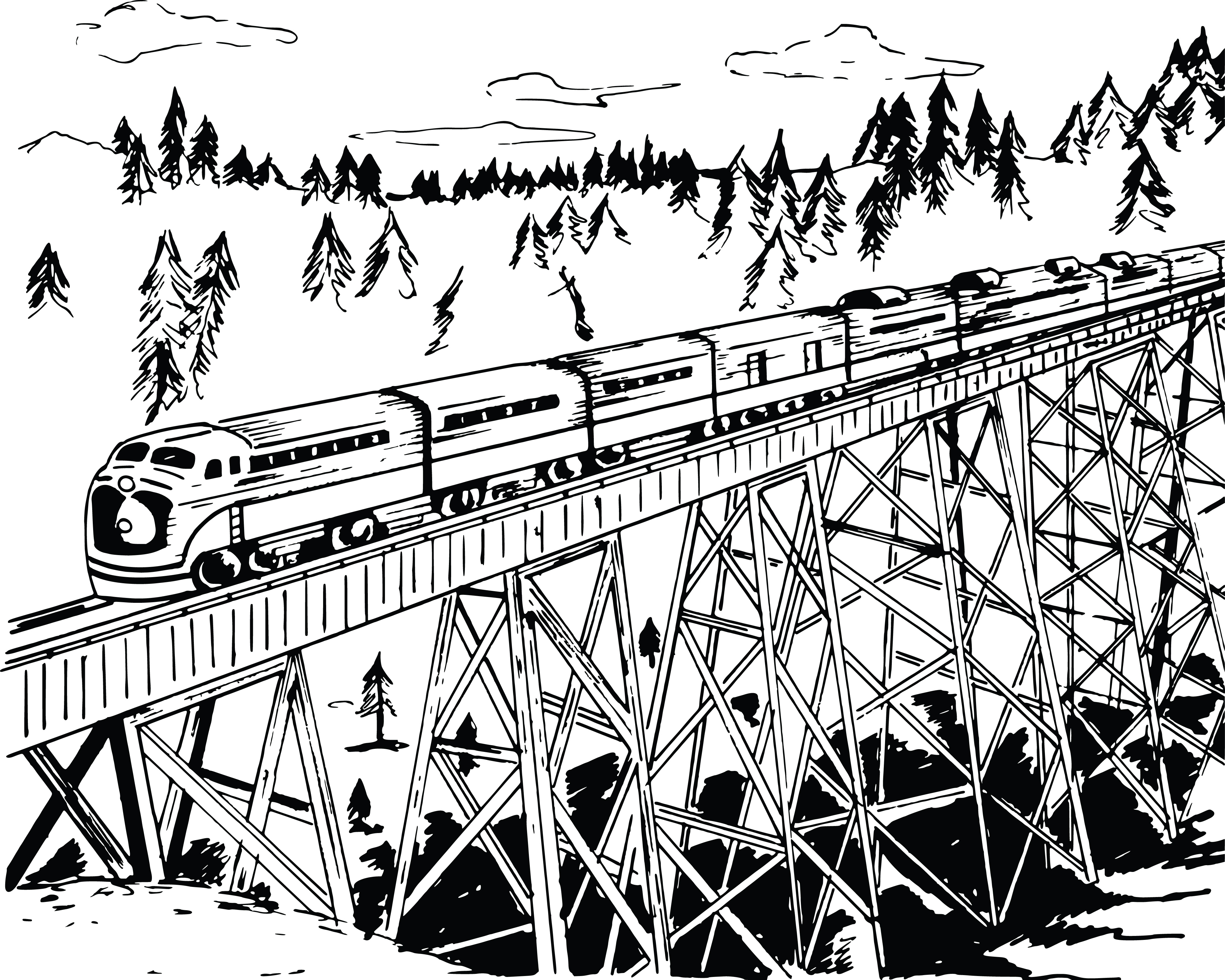 Раскраска поезд на мосту
