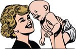 Free Clipart Of A Retro Blond Mom Holding Up A Laughing Baby