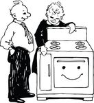 Free Clipart Of A Retro Salesman And Woman Looking At An Oven