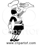 Free Retro Clipart Of Chef With Cooked Turkey On Platter Black And White