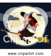 Free Clipart Of A Young Happy Witch Flying In Front Of Full Moon