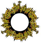 Free Clipart Of A Round Frame Of Glowing City Buildings