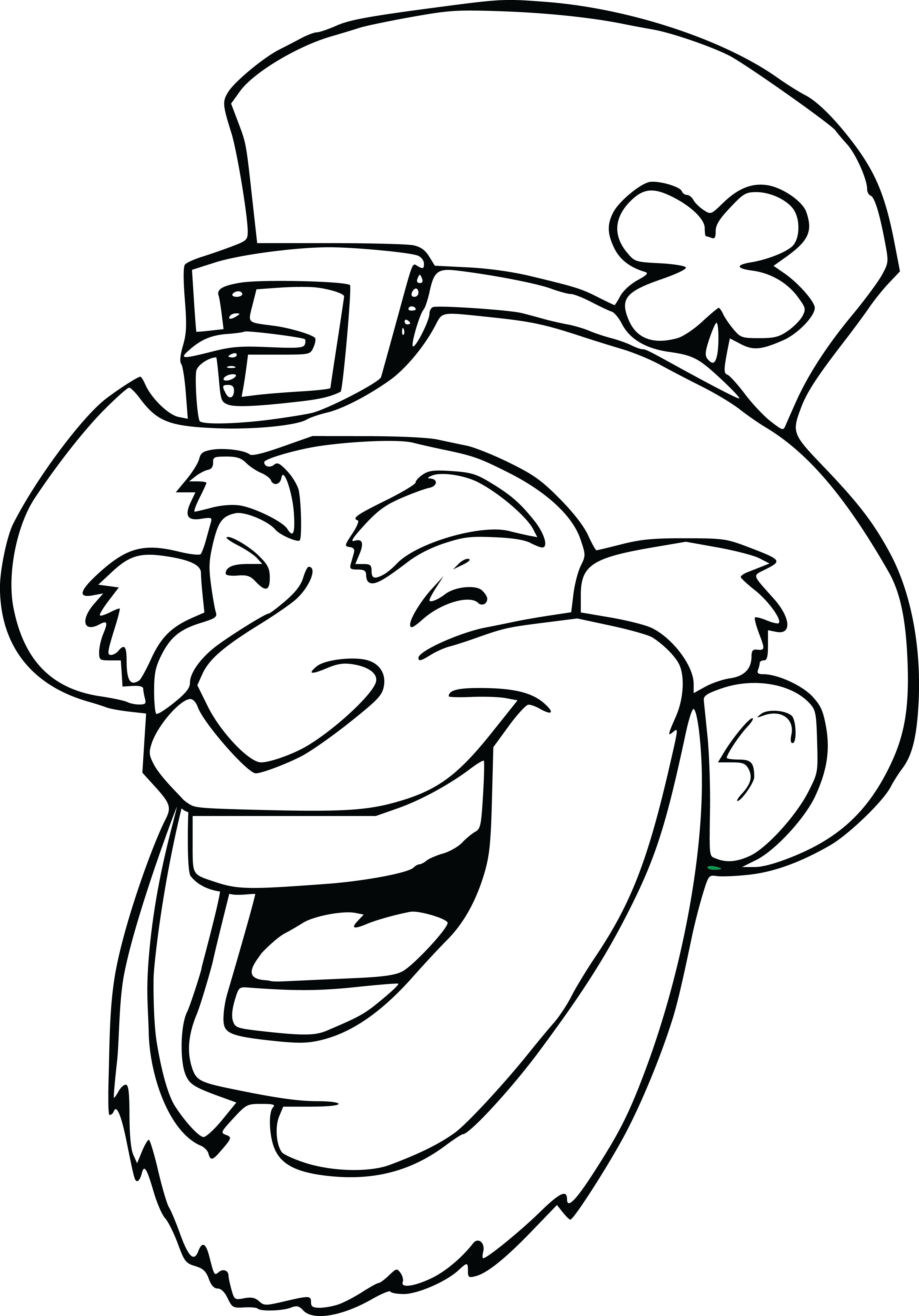 Free Clipart Of A Lineart Black and White Laughing Leprechaun Face