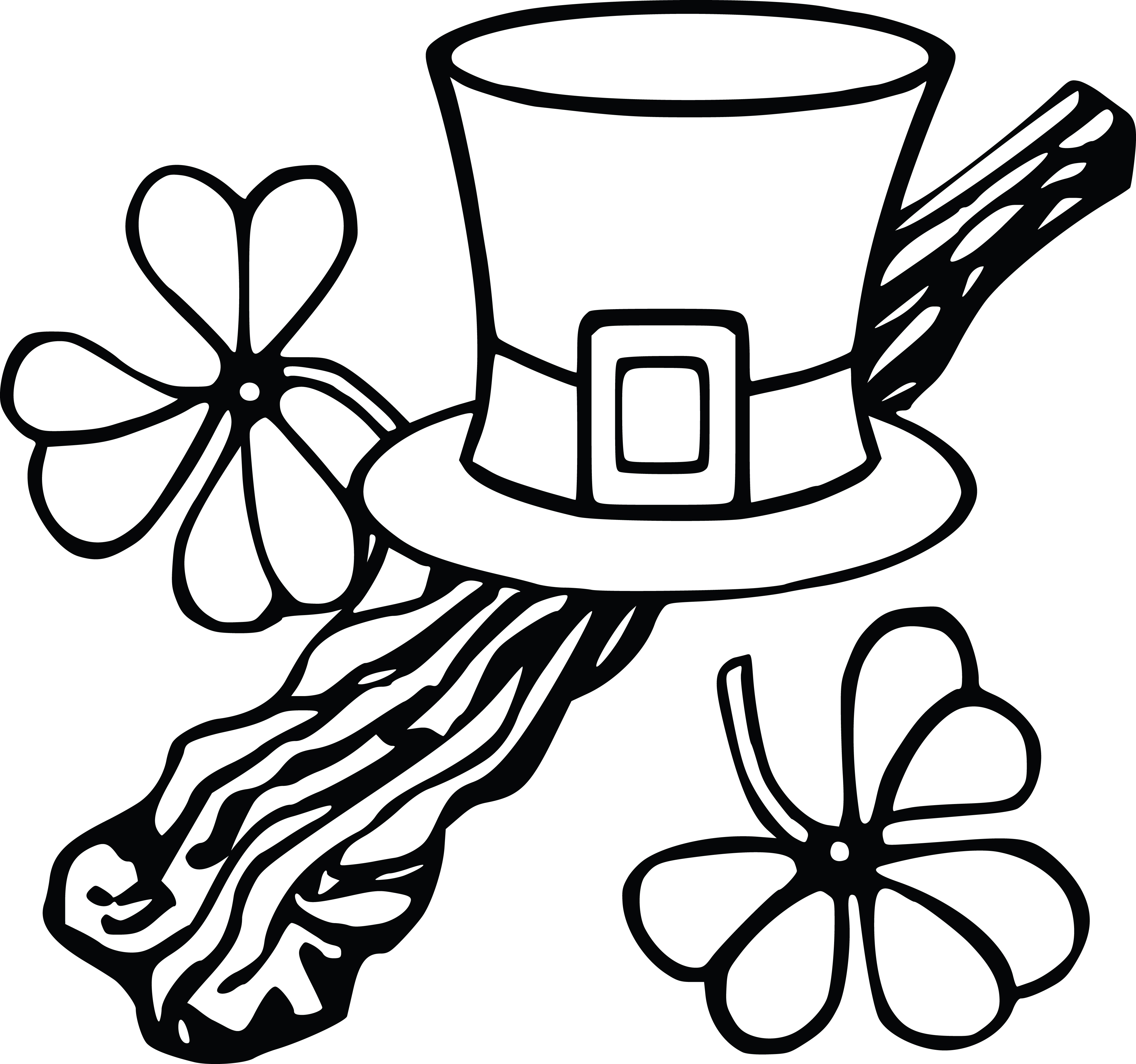 Free Clipart Of A Leprechan Hat and Shamrocks, Black and White Coloring