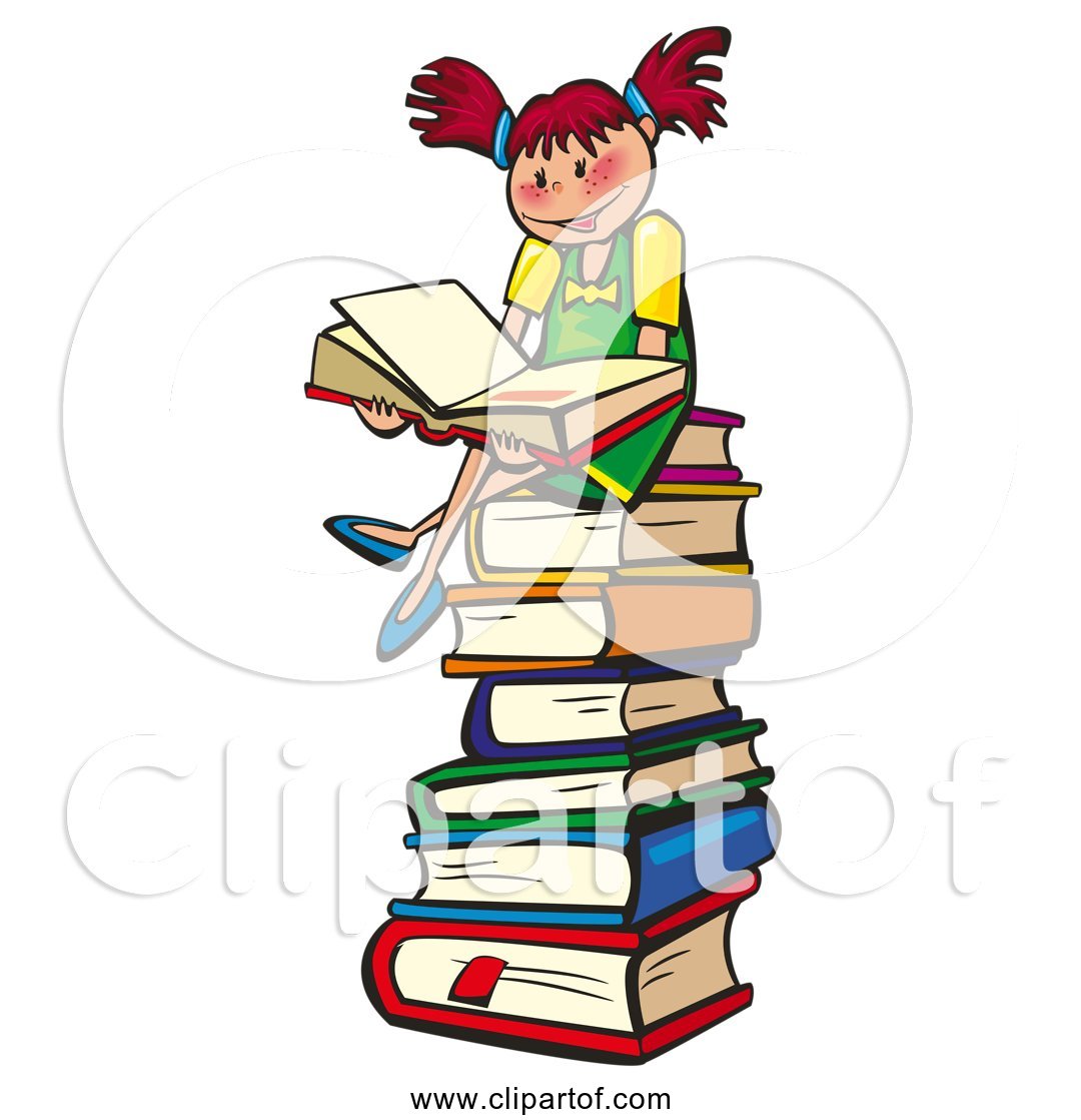 Free Clipart of a Young Girl Reading School Book While Sitting On a Stack  of Books