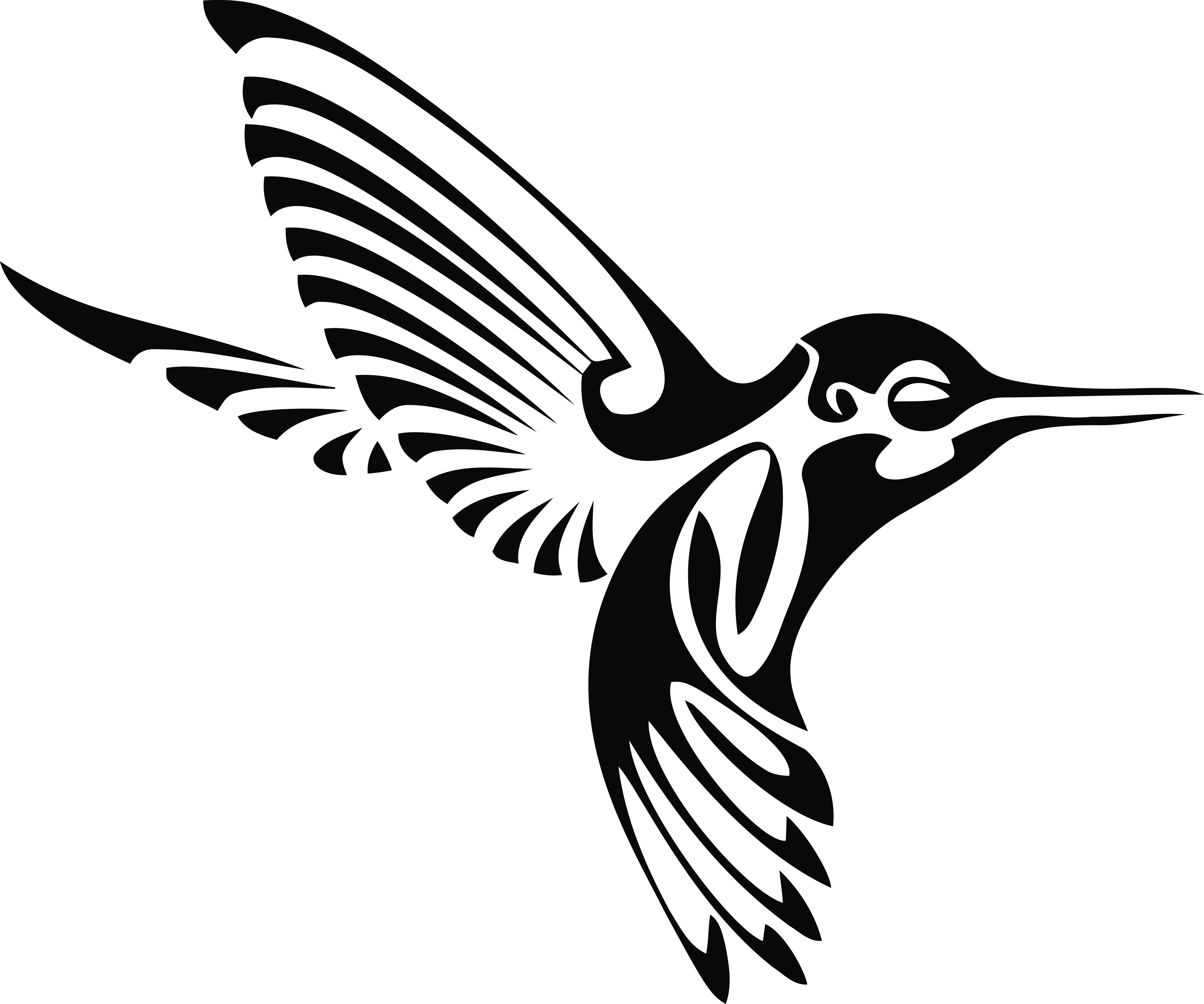 Free Clipart Of A black and white tribal hummingbird in flight