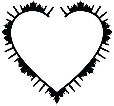 Free Clipart of a Heart Frame of Mosques in Black and White