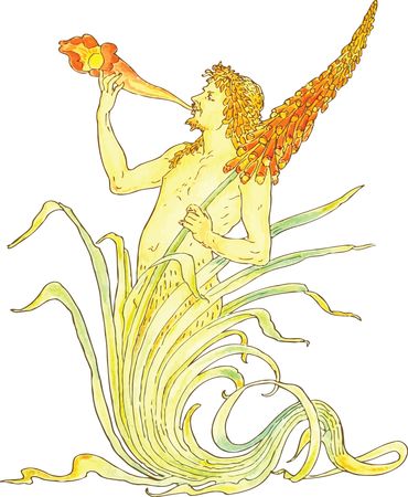 Free Clipart Of A man blowing a trumpet in a flower plant
