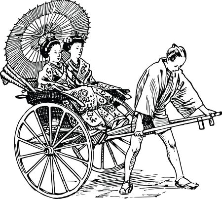 Free Clipart Of A man pulling japanese ladies in a rickshaw