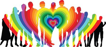 Free Clipart Of A Silhouetted Crowd With a Rainbow Heart