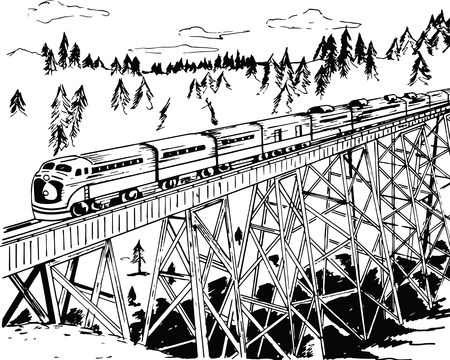 Free Clipart Of A Retro Black and White Train Crossing a Trestle