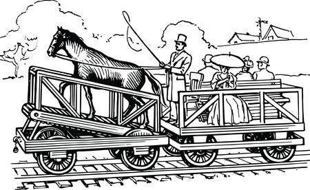 Free Clipart Of A Retro Black and White Horse on a Train Treadmill, Transporting People