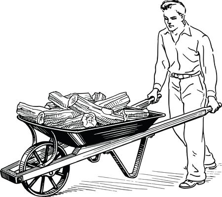 Free Clipart Of A Retro Black and White Man Pushing Firewood in a Wheelbarrow