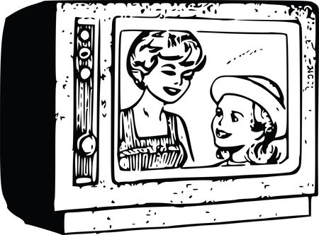 Free Clipart Of A Retro Black and White Mother and Daughter on Tv