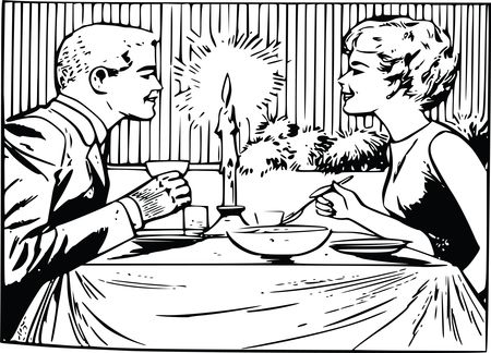 Free Clipart Of A Retro Couple Eating Dinner on a Date, Black and White