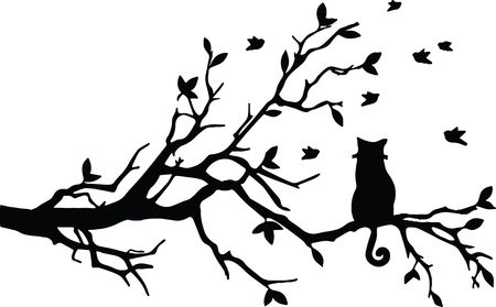 Free Clipart Of A cat watching birds from a branch