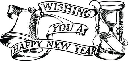 Free Clipart Of A bell hourglass and happy new year banner