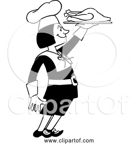Free Retro Clipart of Chef with Cooked Turkey on Platter - Black and White