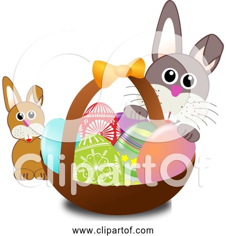 Free Clipart of a Bunny Face with Easter Eggs in Basket with Baby Rabbit