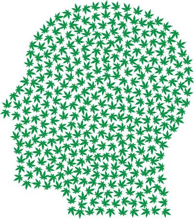 Free Clipart Of A green profiled male head made of marijuana leaves
