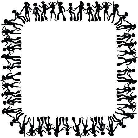 Free Clipart of a square black and white border frame of disco dancers