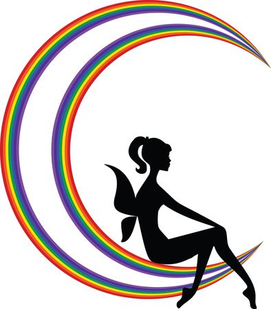 Free Clipart of a black silhouetted female fairy sitting on the tip of a rainbow crescent moon