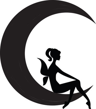 Free Clipart of a black and white silhouetted female fairy sitting on the tip of a crescent moon
