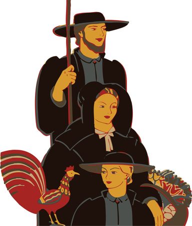 Free Clipart of a retro amish family with a chicken