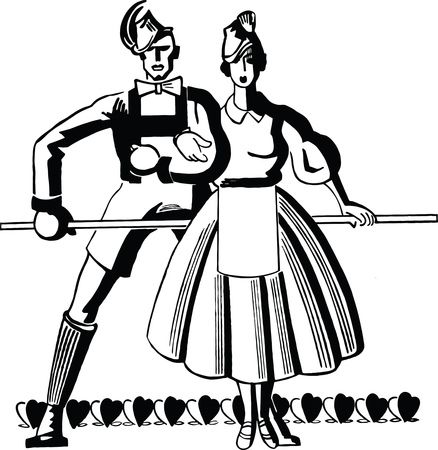 Free Clipart of a retro black and white couple dancing with a line of hearts