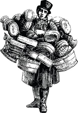 Free Clipart Of A black and white vintage man selling baskets