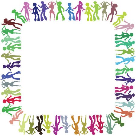 Free Clipart of a square border frame of colorful disco dancers