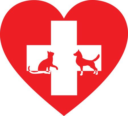 Free Clipart of a silhouetted cat and dog with a red pet clinic cross in a heart