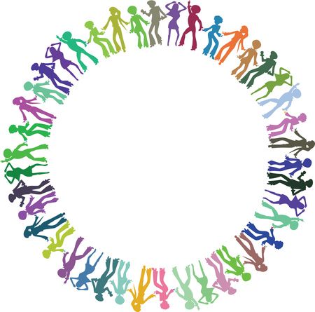 Free Clipart of a round border frame of colorful disco dancers