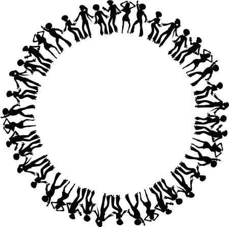 Free Clipart of a round border frame of black silhouetted disco dancers