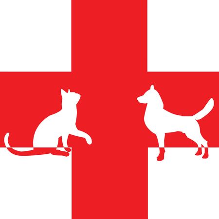 Free Clipart of a silhouetted cat and dog with a red animal clinic cross