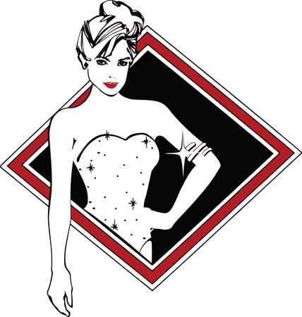 Free Clipart of a Retro Beautiful Showgirl With a Sparkly Dress and Red Lips Inside a Diamond Frame