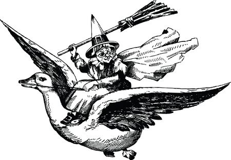 Free Clipart Of A Black and White Flying Bird and Mother Goose