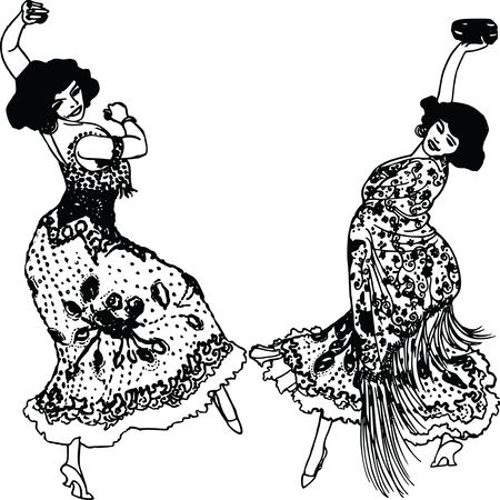 Free Clipart Of A Couple of Black and White Female Spanish Dancers