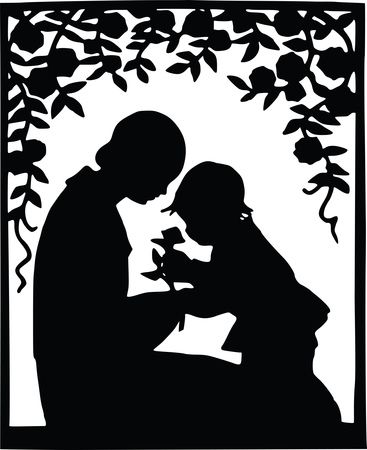 Free Clipart Of A Silhouetted Mother and Toddler in a Garden