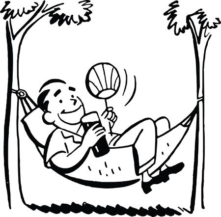 Free Clipart Of A Black and White Retro Man Relaxing in a Hammock