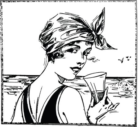 Free Clipart of a vintage woman at a beach, holding a beverage and looking back