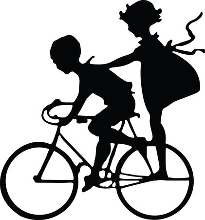 Free Clipart Of A Silhouetted Girl Riding on the back of a boys bike