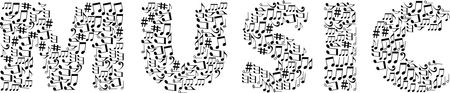 Free Clipart Of the word music made of black and white musical notes