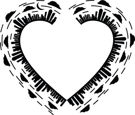 Free Clipart Of A Silhouetted City Skyline Forming a Heart Frame