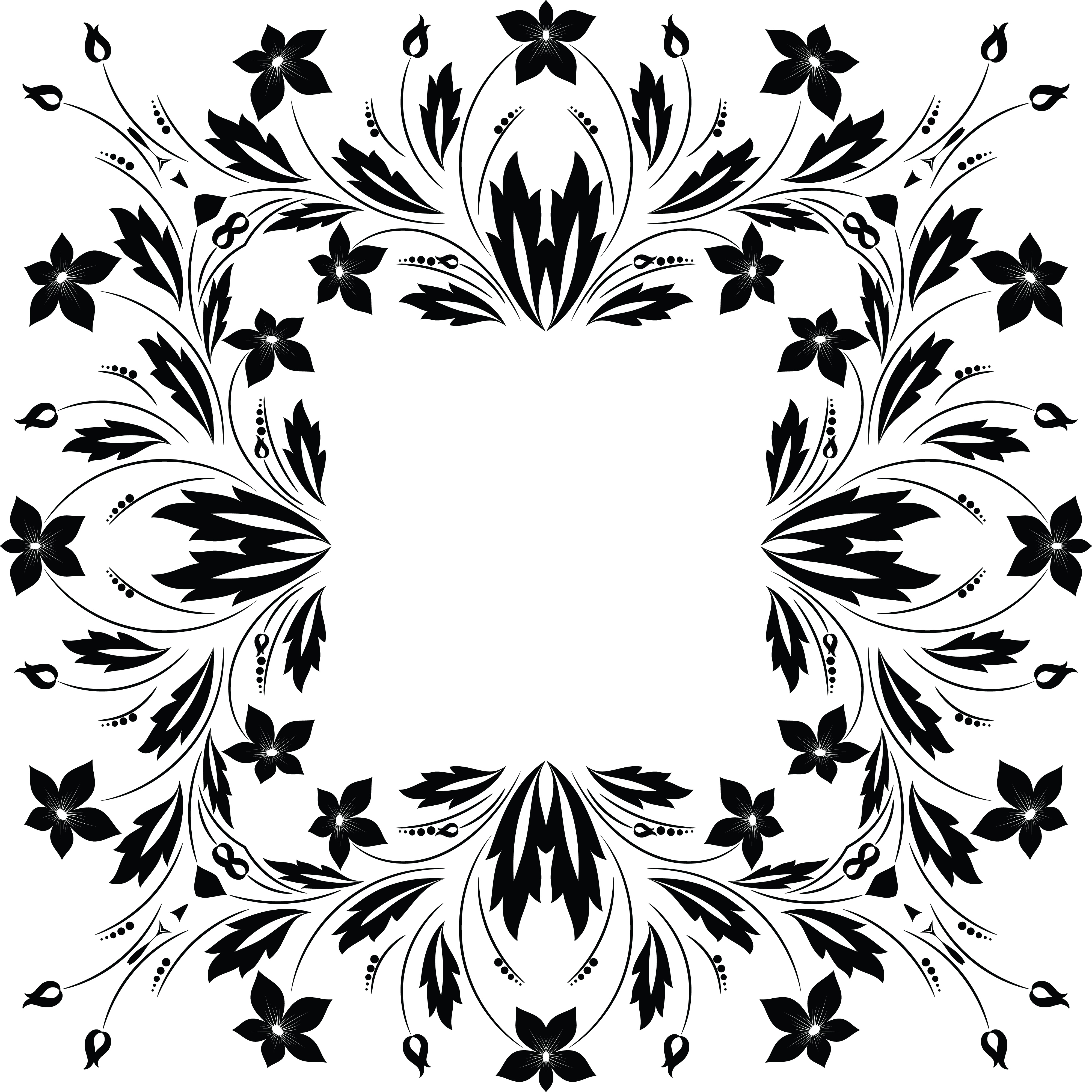 Free Clipart of a Square Frame of Flowers in Black and White
